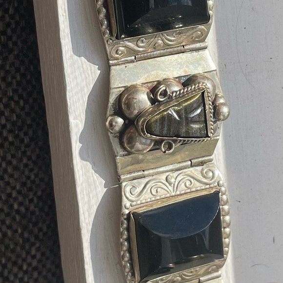 Vintage Sterling Silver Hecho En Mexico Aztec Mask Carved Onyx Panel B… - Picture 11 of 12